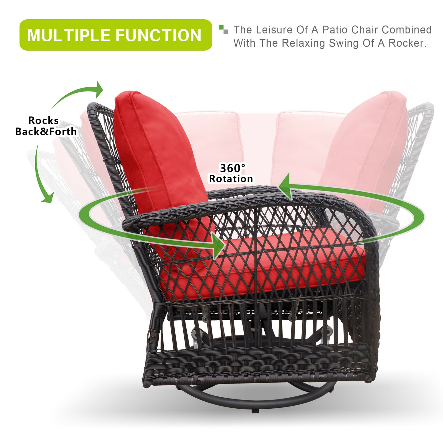 360-Degree Patio Wicker Swivel Rocker Chairs Set;  Outdoor Rattan Rocking Bistro Sets with Cushions and Table; Dark Brown