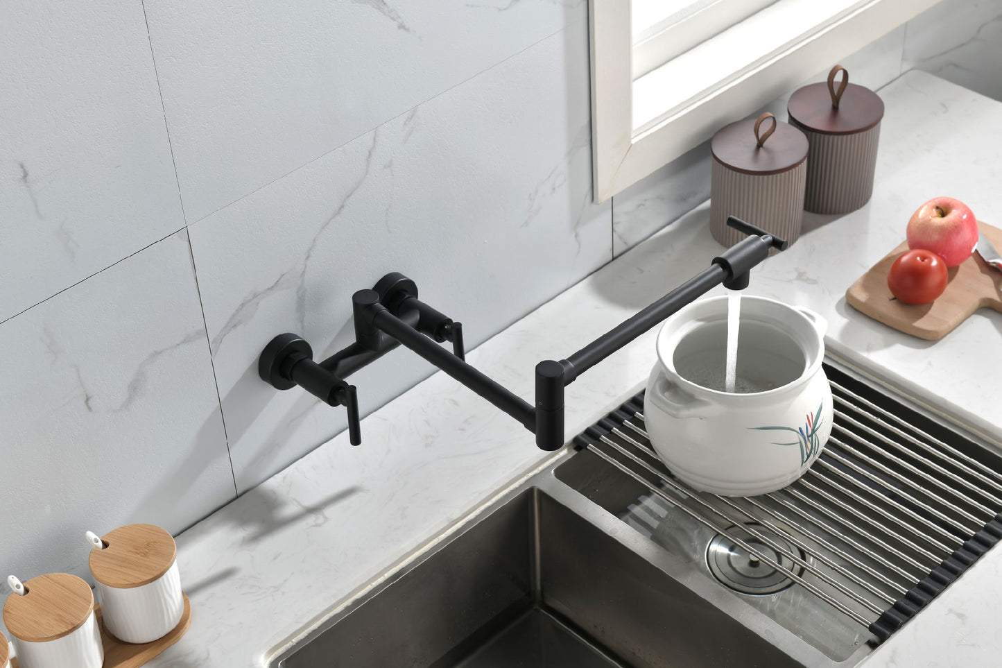 Pot Filler Faucets Both Hot Cold Water Wall Faucet Brass Faucets Kitchen Folding Kitchen Faucets Commercial Sink Faucet 3 Handles 2 Holes Joint Swing Arm Faucets