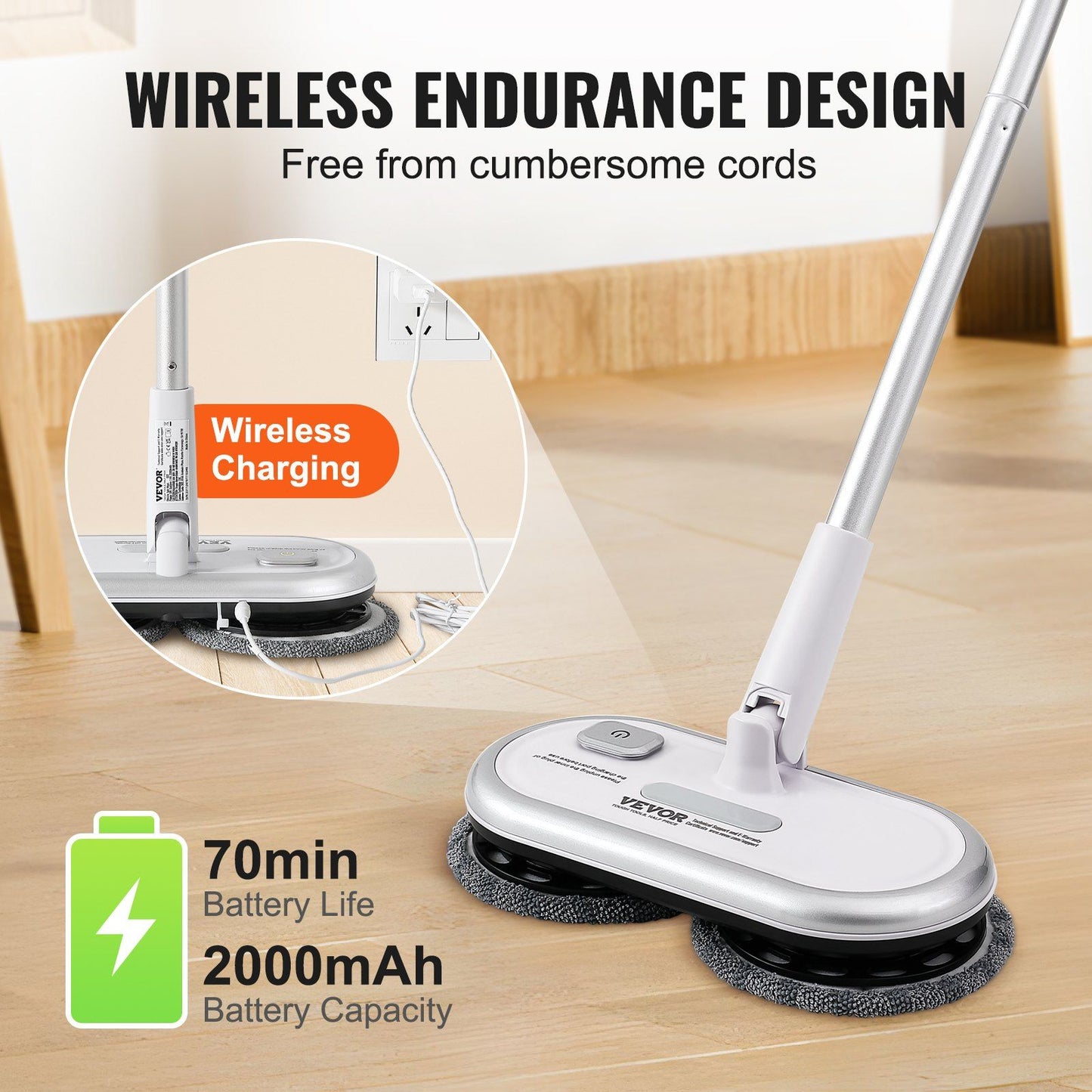 Cordless Electric Mop, Up to 70 mins Powerful Battery