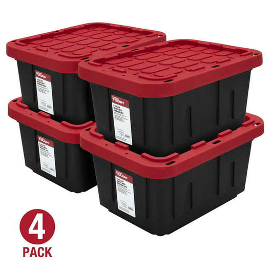 5 Gallon Snap Lid Plastic Storage Bin, Black/Red, Set of 4