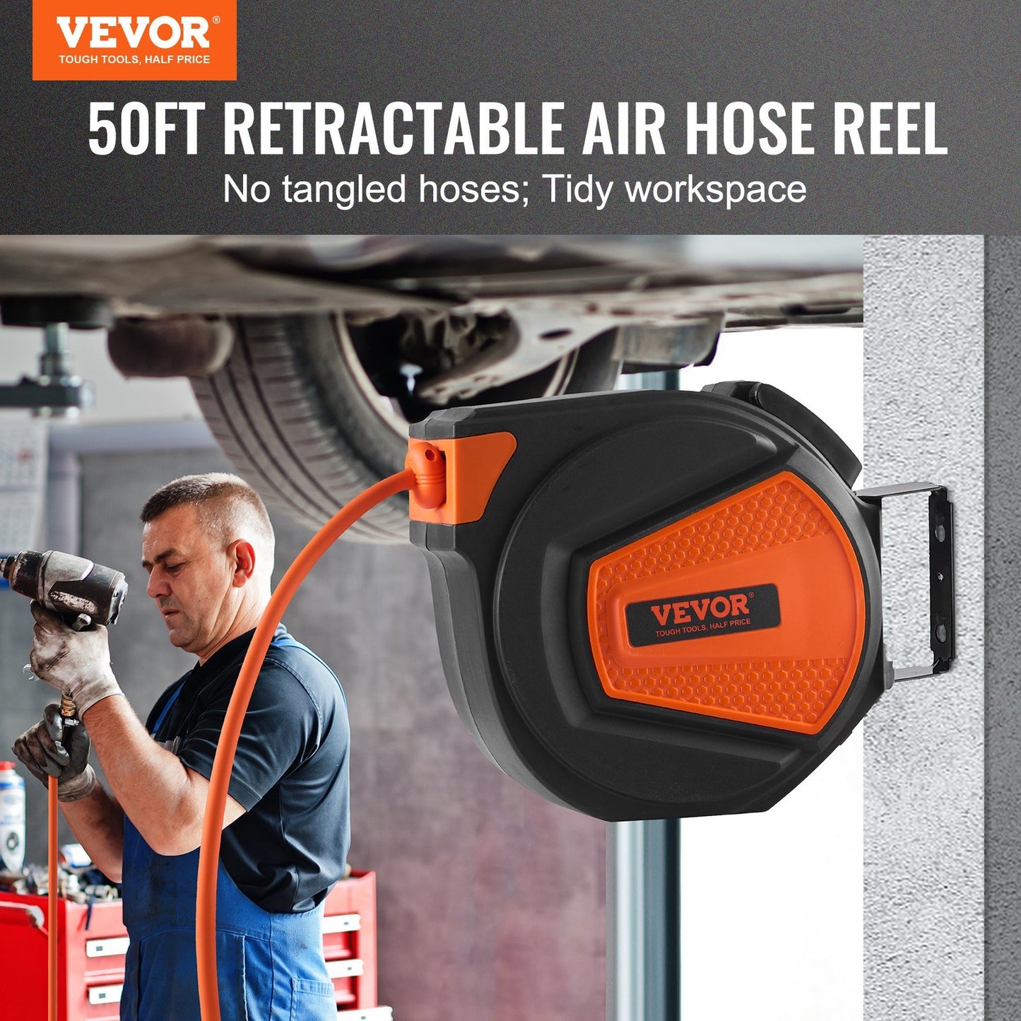 Retractable Air Hose Reel, 3/8 IN x 50 FT Hybrid Air Hose