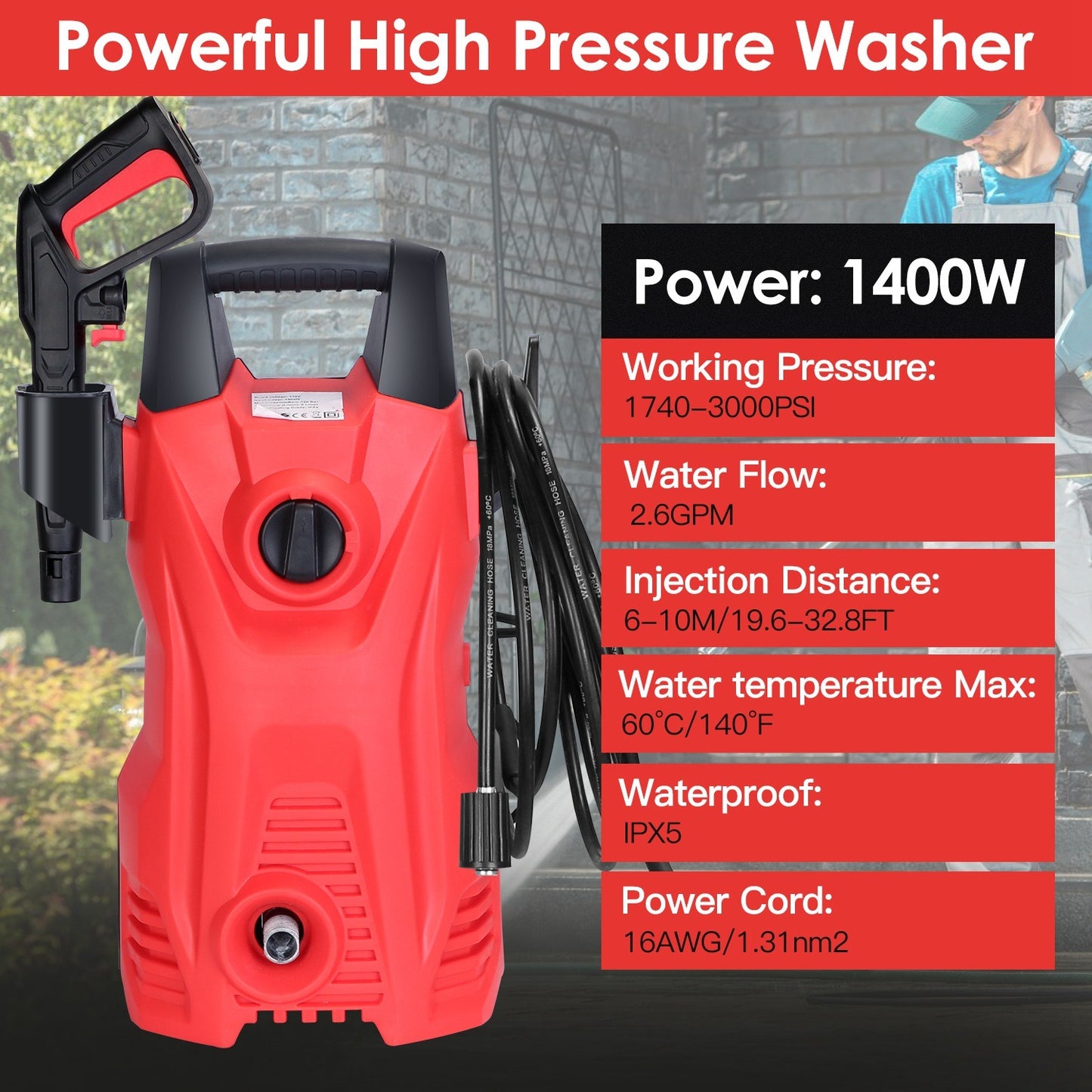 Electric High Pressure Washer 3000PSI Max 2.6GPM Powerful Car Washer