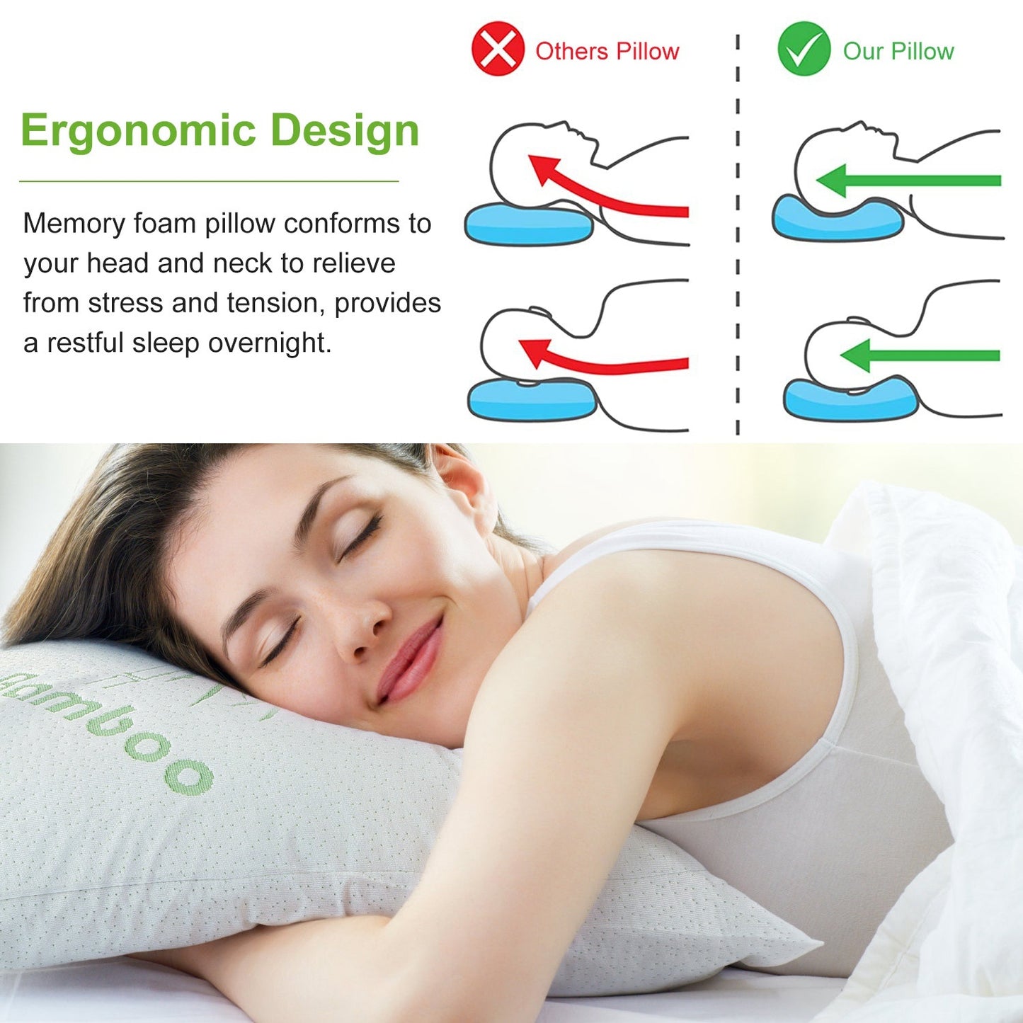 2Pcs Bamboo Memory Foam Pillow