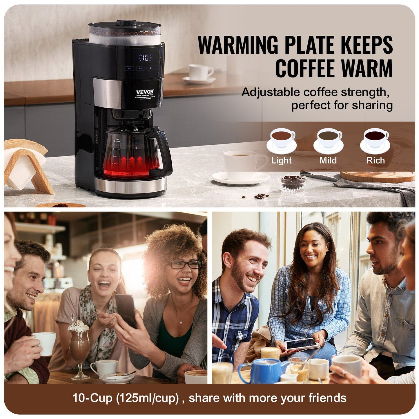 10-Cup Coffee Maker Drip Coffee Machine with 3 Brew Strength Control