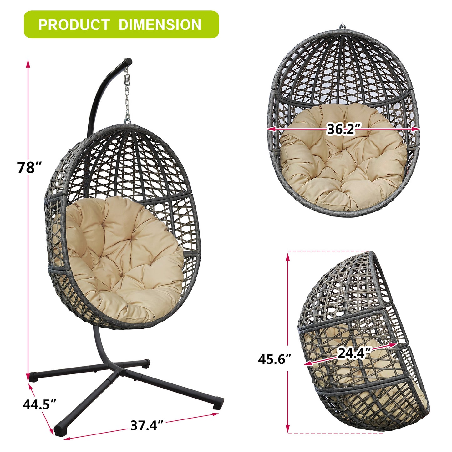 Wicker Hanging Swing Chair;  Rattan Hanging Egg Chair with Durable Stand and Waterproof Cushion for Outdoor Garden or Indoor Living Room