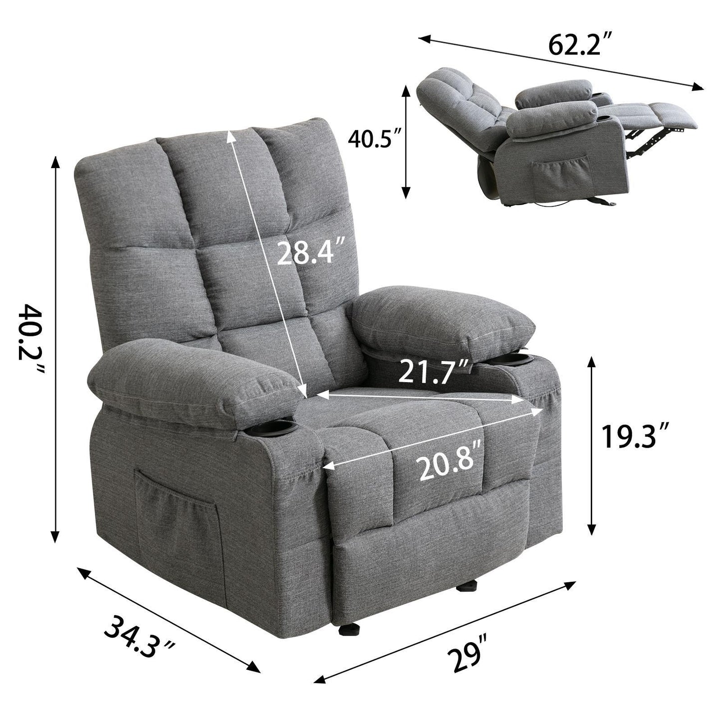 Recliner Chair Massage Heating sofa with USB and side pocket 2 Cup Holders (Grey)