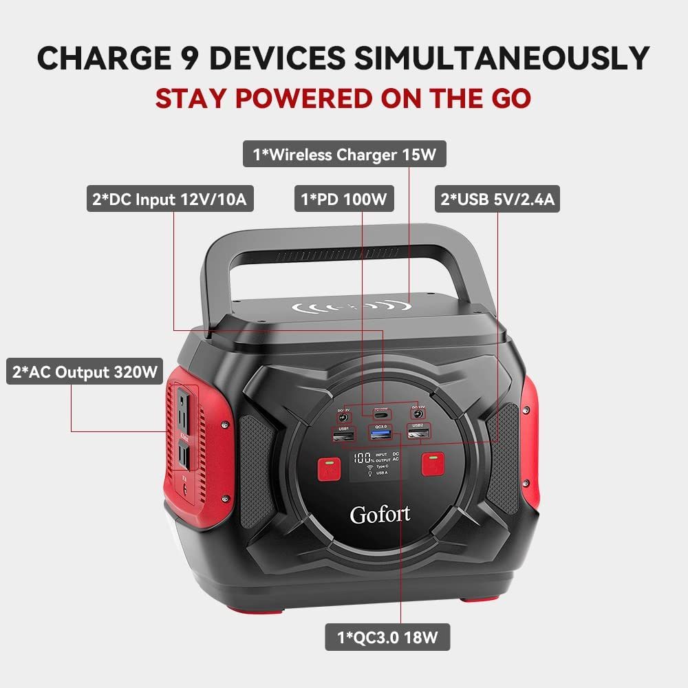 GOFORT 320W Portable Power Station 292Wh Wireless Charger 15W PD 100W & 100W 18V Portable Solar Panel Included Compatible with Phones Laptops Tablet for Outdoor