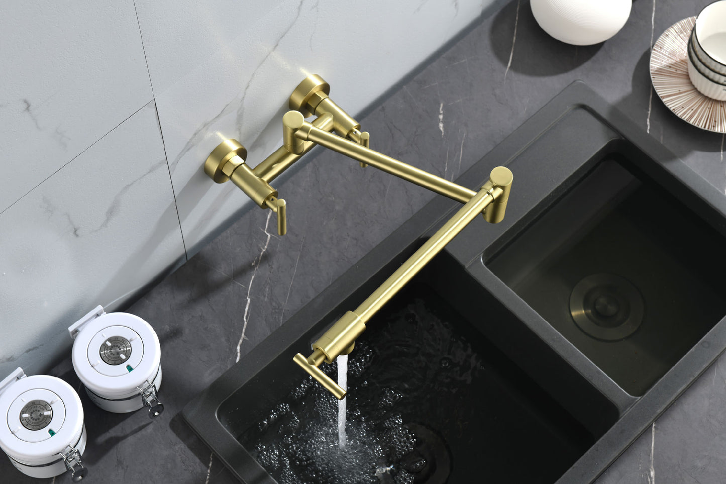 Pot Filler Faucets Both Hot Cold Water Wall Faucet Brass Faucets Kitchen Folding Kitchen Faucets Commercial Sink Faucet 3 Handles 2 Holes Joint Swing Arm Faucets