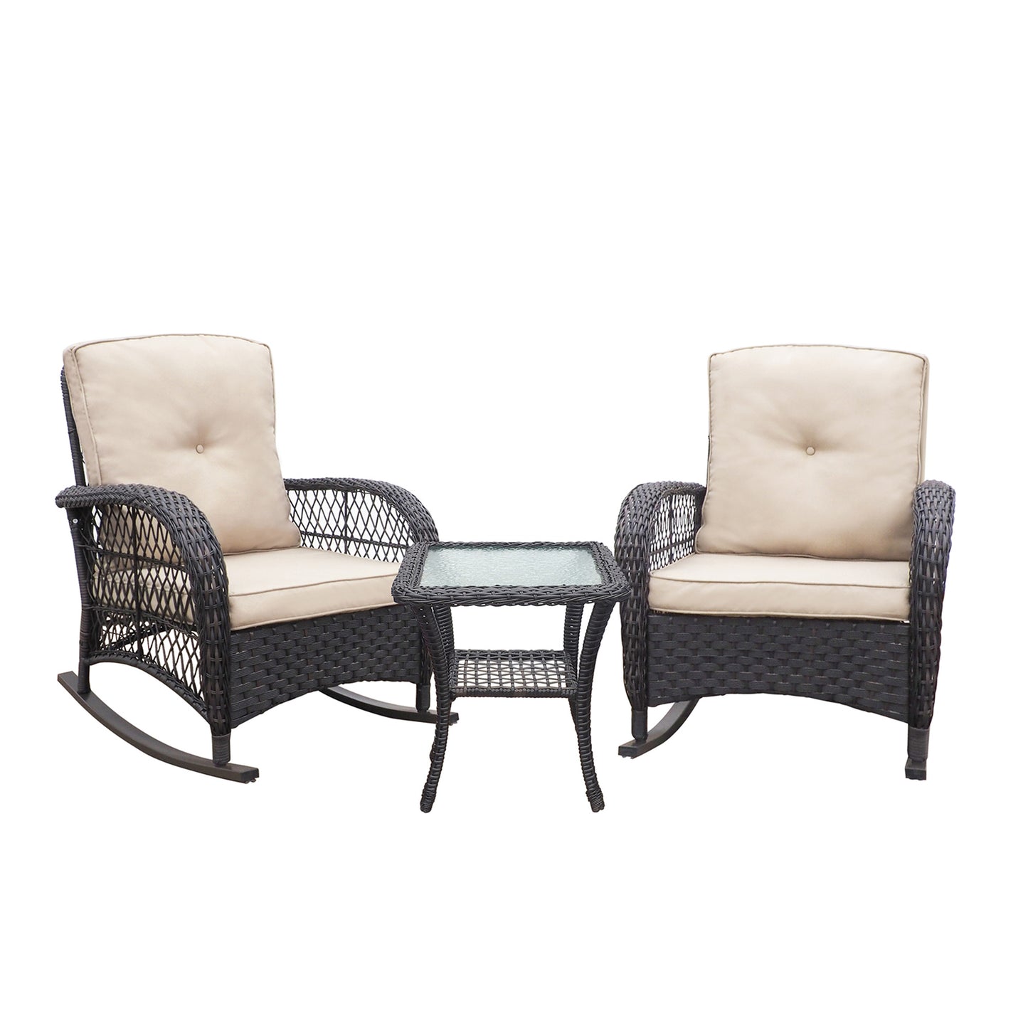 Outdoor Wicker Rocking Chair; Patio Rattan Rocker Chair with Soft Cushions and Steel Frame