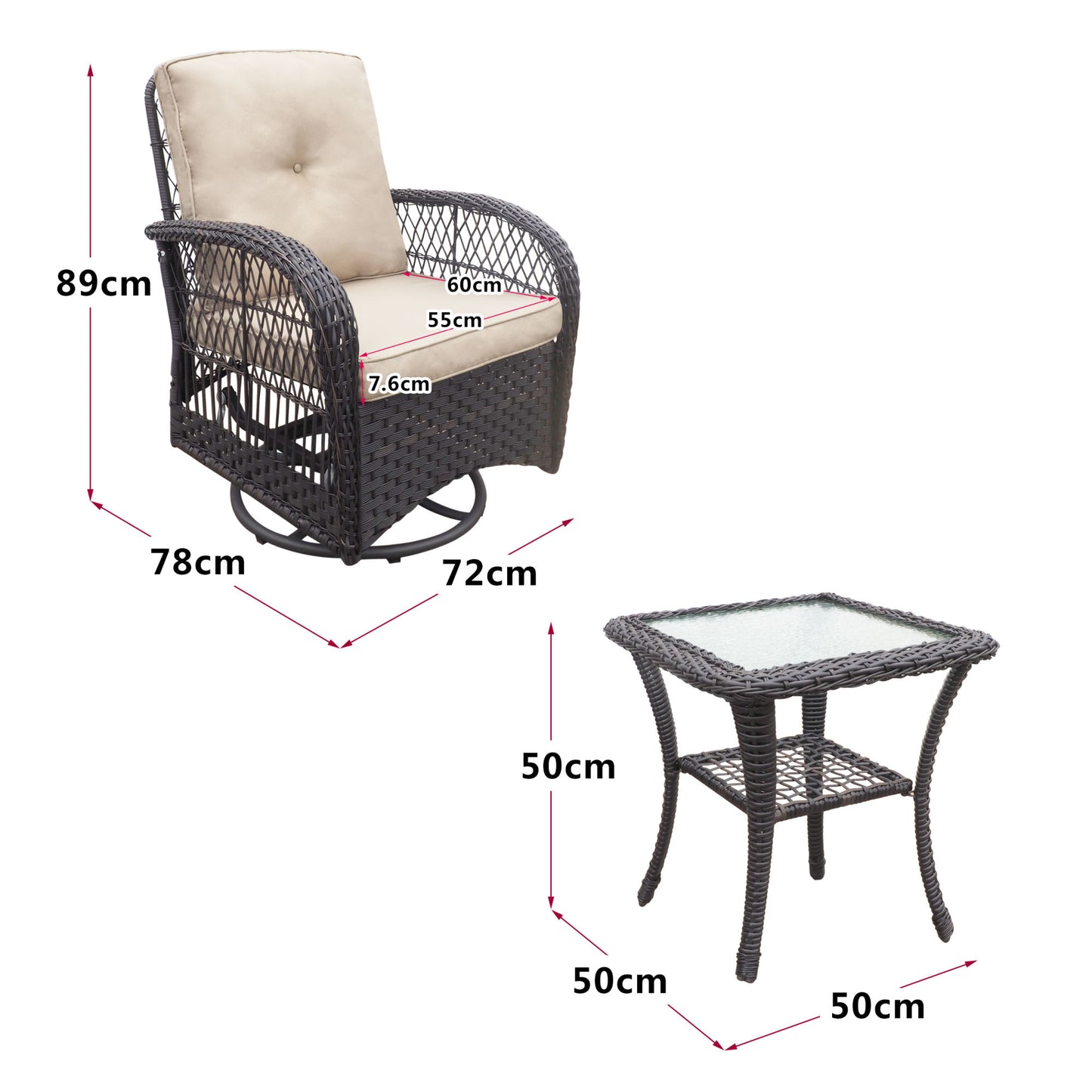 360-Degree Patio Wicker Swivel Rocker Chairs Set;  Outdoor Rattan Rocking Bistro Sets with Cushions and Table; Dark Brown