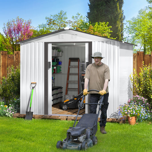 8' x 8' Outdoor Storage Shed, Metal Garden Shed with Double Sliding Doors, 4 Air Vents, Tool Storage House Shed for Yard, Patio, Lawn, White+Gray