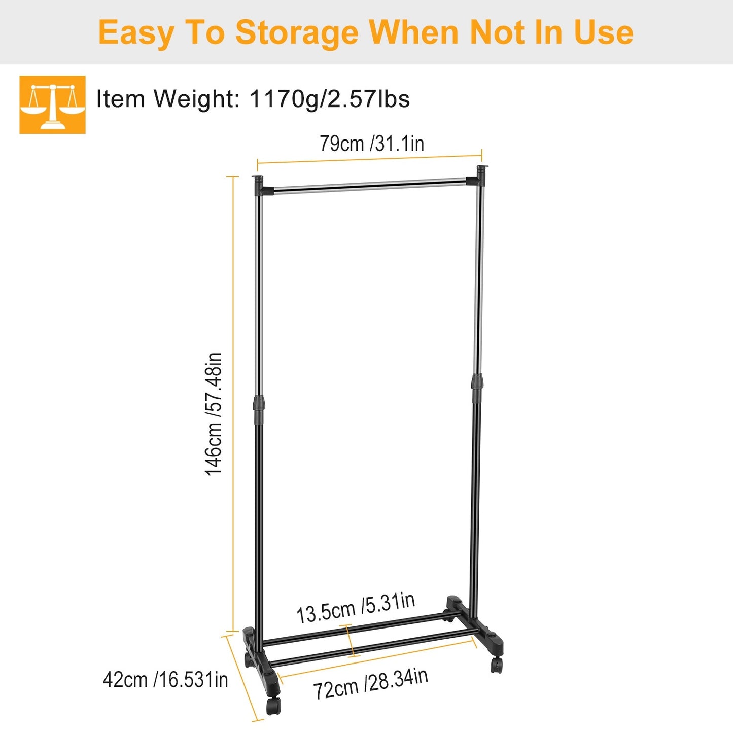 33lbs Garment Racks 3.12ft-4.80ft Height Adjustable Clothes Stand Foldable Clothes Hanger with Wheels