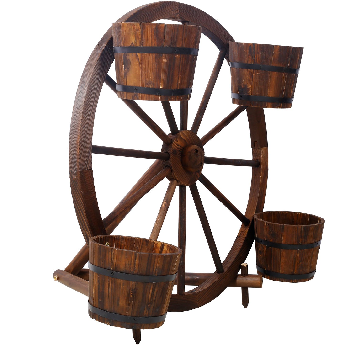 Wood wagon wheel barrel planter,Wagon Wheel Barrel Planter Display