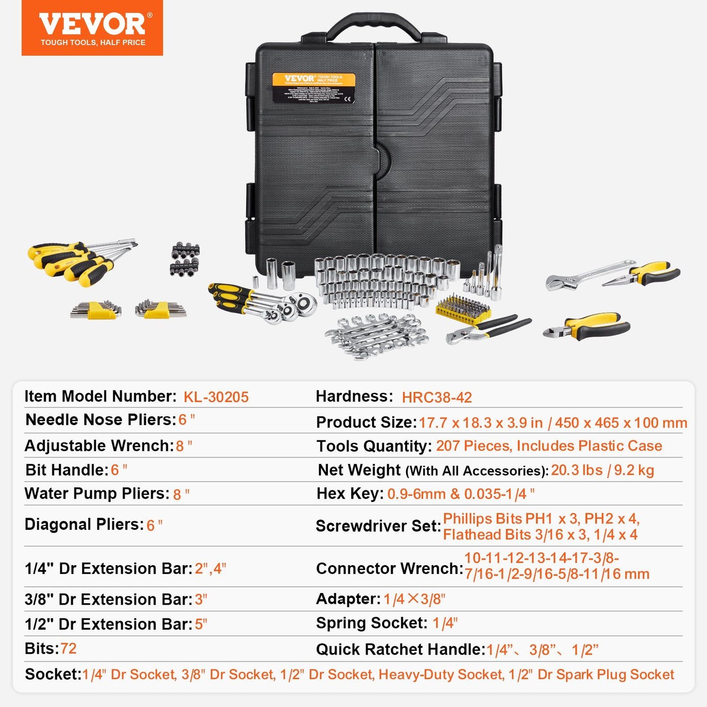 207-Piece Mechanics Tool Set 1/4" 3/8" 1/2" Drive Sockets SAE and Metric