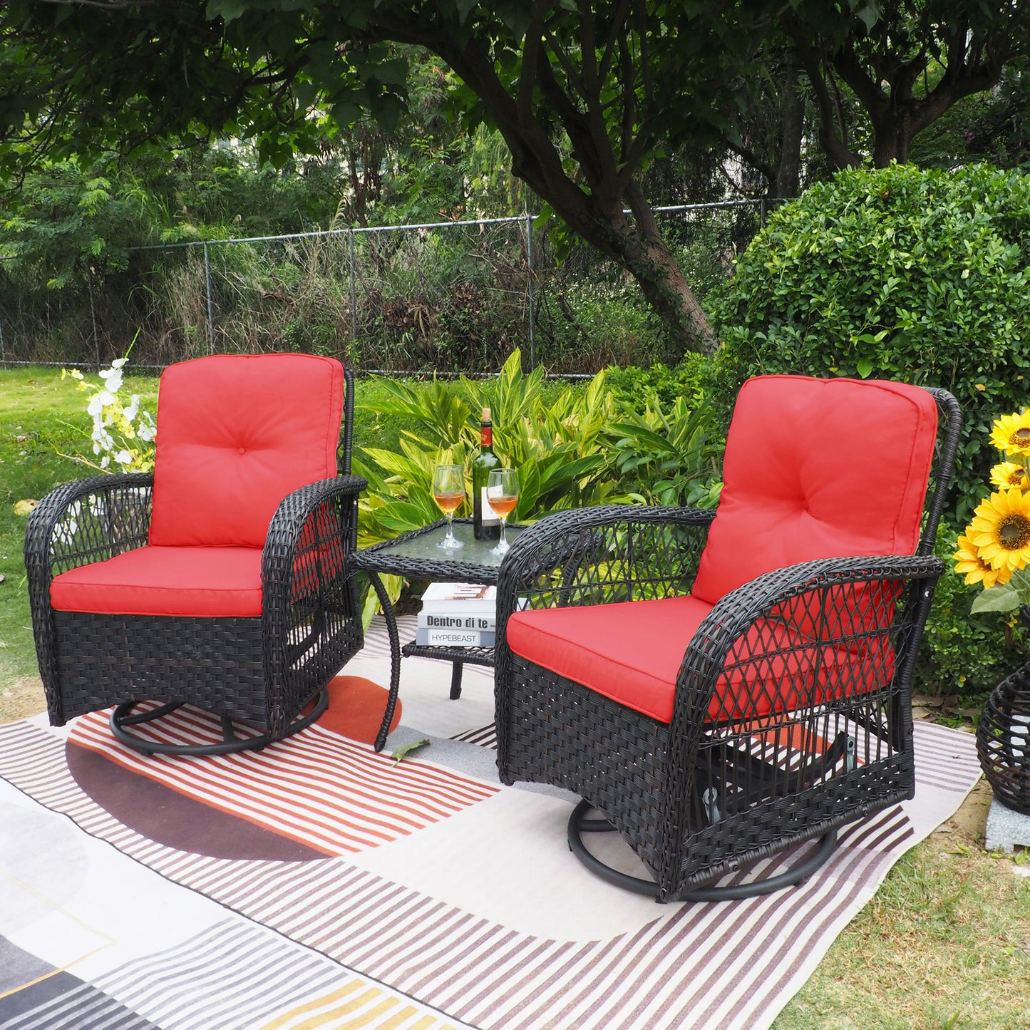 360-Degree Patio Wicker Swivel Rocker Chairs Set;  Outdoor Rattan Rocking Bistro Sets with Cushions and Table; Dark Brown