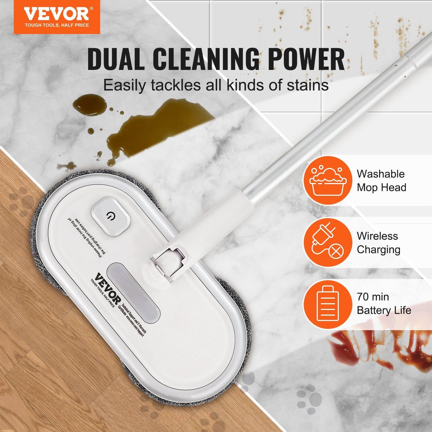 Cordless Electric Mop, Up to 70 mins Powerful Battery