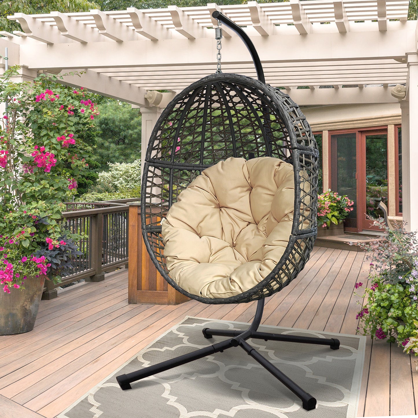 Wicker Hanging Swing Chair;  Rattan Hanging Egg Chair with Durable Stand and Waterproof Cushion for Outdoor Garden or Indoor Living Room