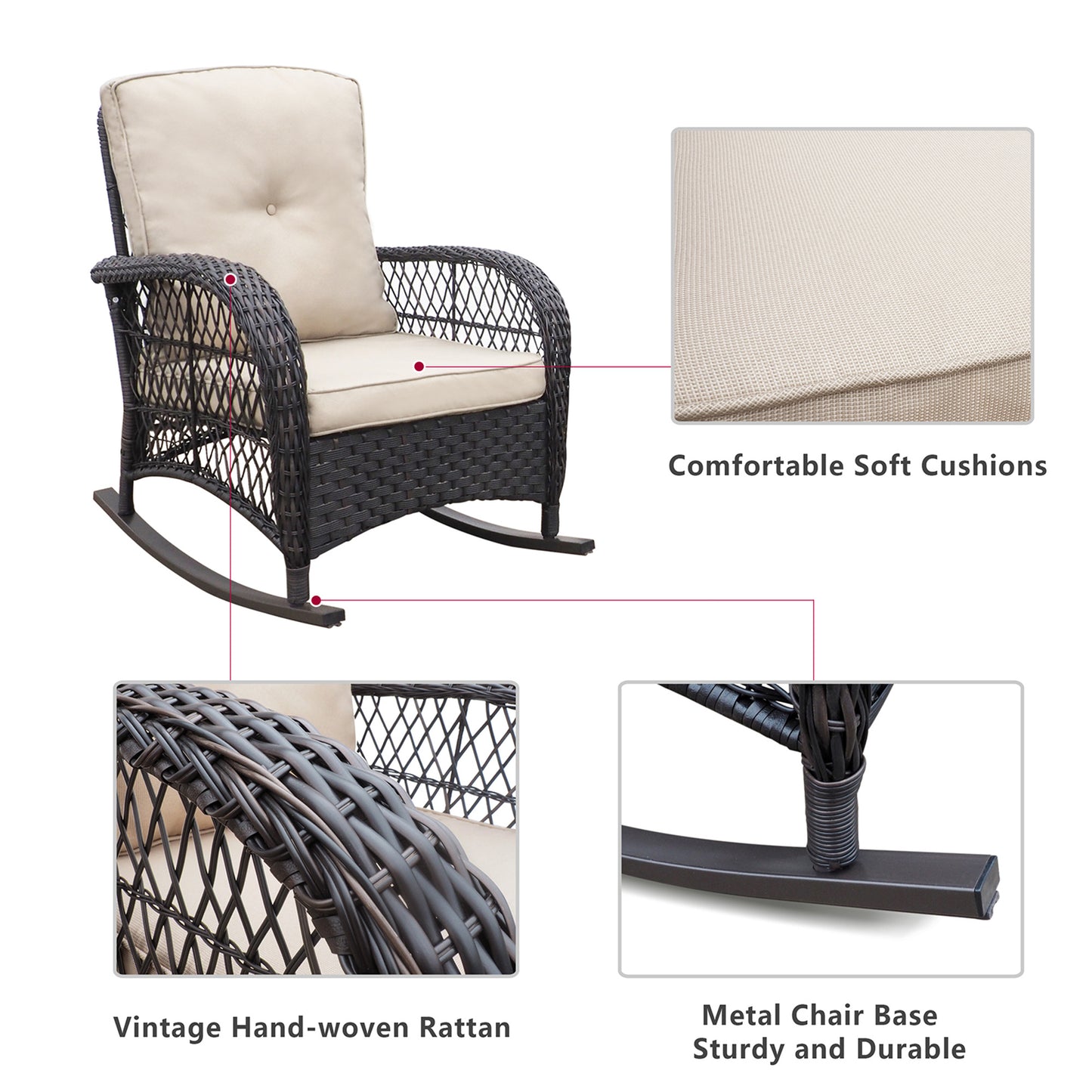 Outdoor Wicker Rocking Chair; Patio Rattan Rocker Chair with Soft Cushions and Steel Frame