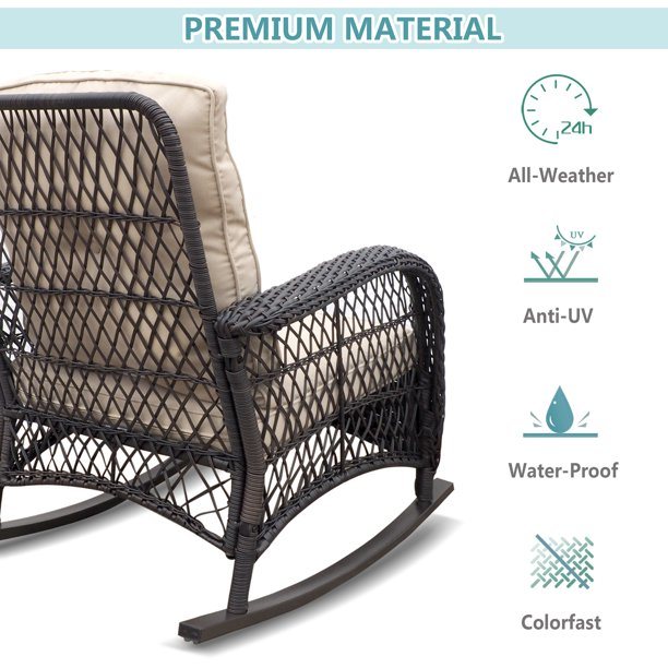 Outdoor Wicker Rocking Chair; Patio Rattan Rocker Chair with Soft Cushions and Steel Frame