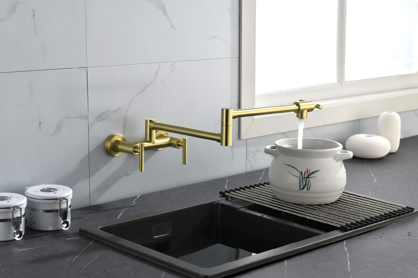 Pot Filler Faucets Both Hot Cold Water Wall Faucet Brass Faucets Kitchen Folding Kitchen Faucets Commercial Sink Faucet 3 Handles 2 Holes Joint Swing Arm Faucets