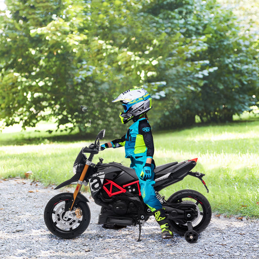 12V Aprilia Licensed Kids Ride On Motorcycle, 4-wheel Electric Dirt Bike with Spring Suspension, LED Lights, USB, MP3, Black