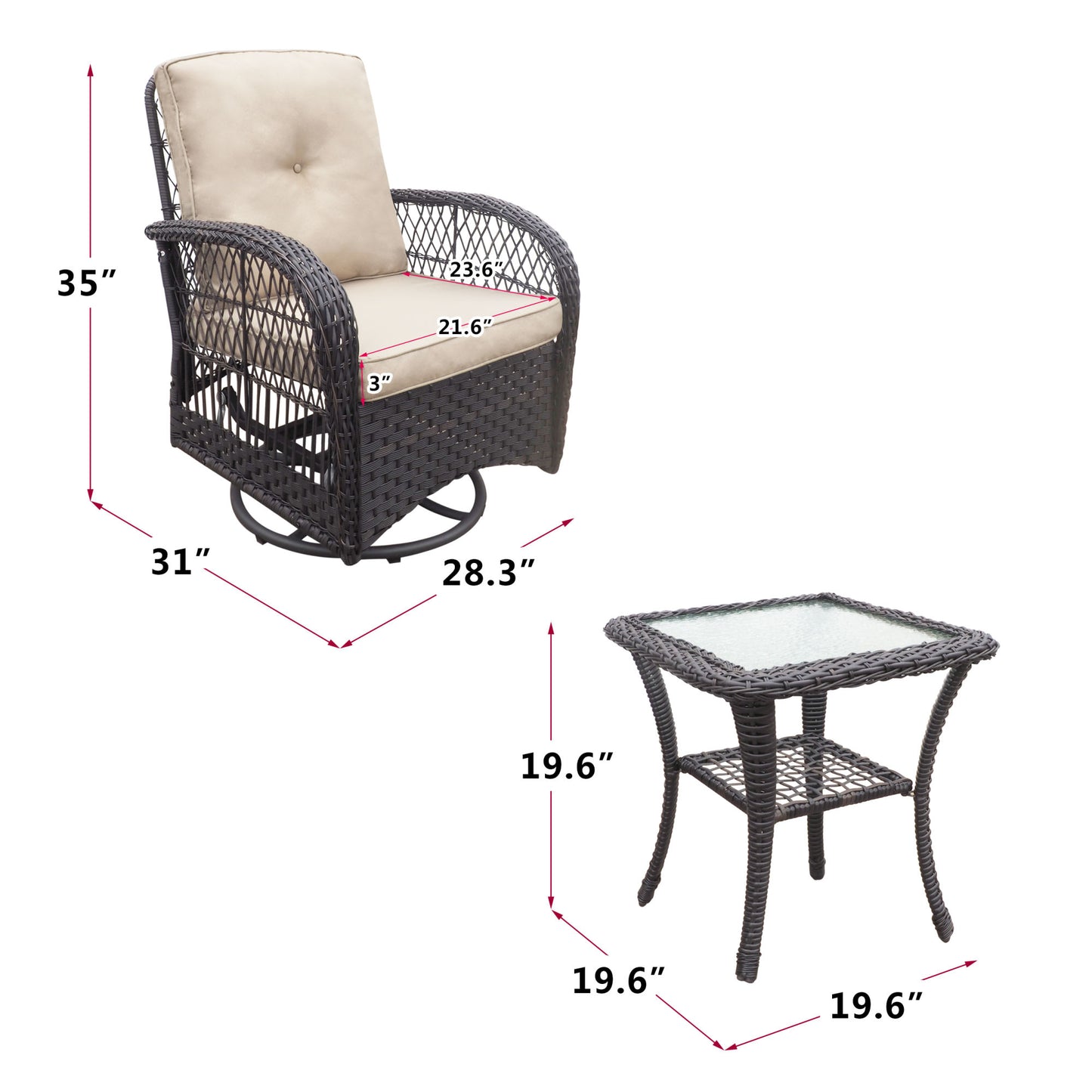 360-Degree Patio Wicker Swivel Rocker Chairs Set;  Outdoor Rattan Rocking Bistro Sets with Cushions and Table; Dark Brown