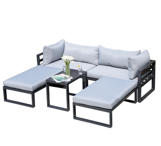 Direct Wicker Outdoor Patio 5-Piece Aluminum Sofa Set with Two Ottomans and Gray Cushions