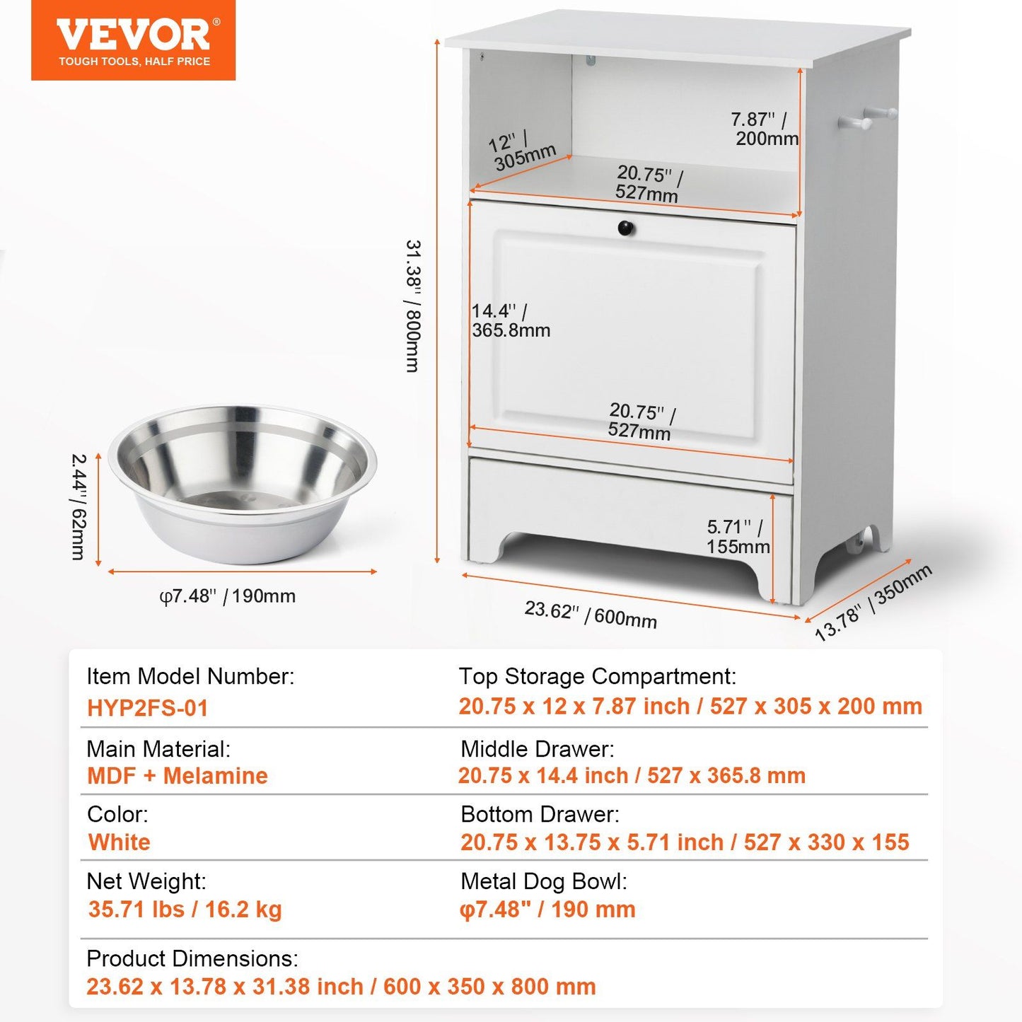 Pet Feeding Station w/ 2 Elevated Dog Bowls Dog Food & Toy Storage Cabinet