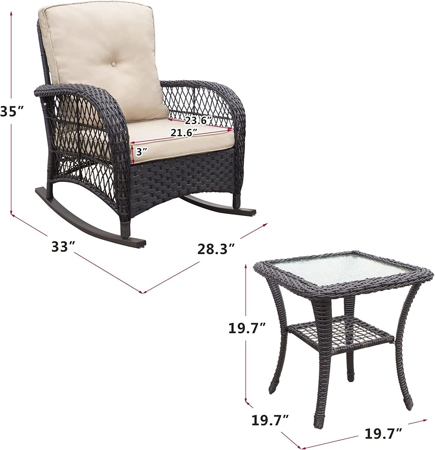 3 Pieces Outdoor Wicker Rocker Patio Bistro Set