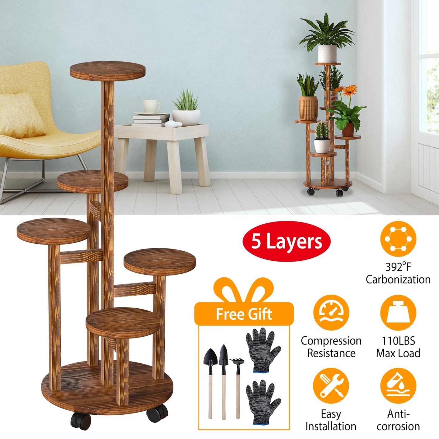 5 Tier Plant Stand with 4 Detachable Wheels