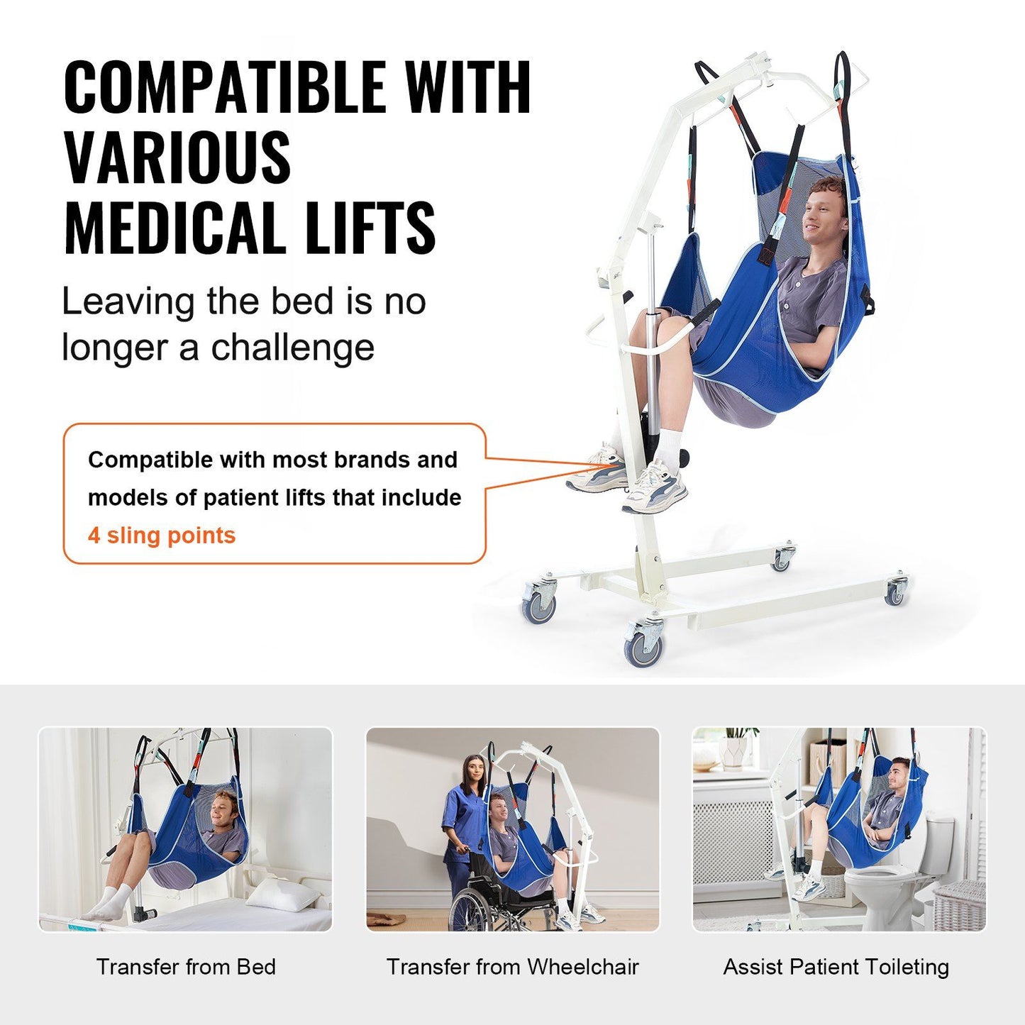 Full Body Patient Lift Sling with Commode Opening Medical Aid Sling L-Size, 147 x 105cm, 600LBS