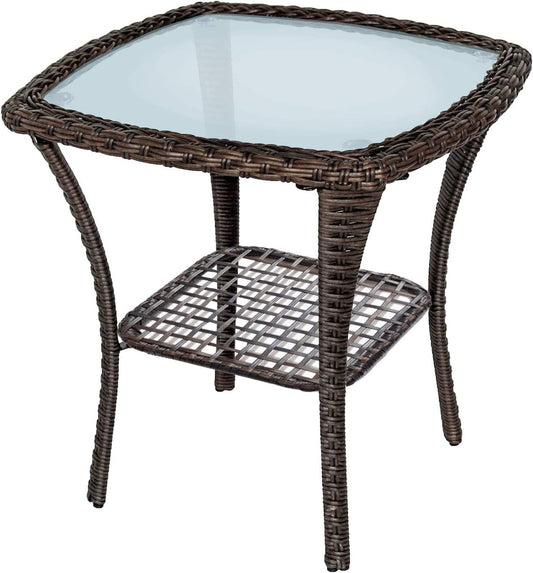 Outdoor Side Table;  Indoor Outdoor Glass Top Wicker Coffee Bistro Table