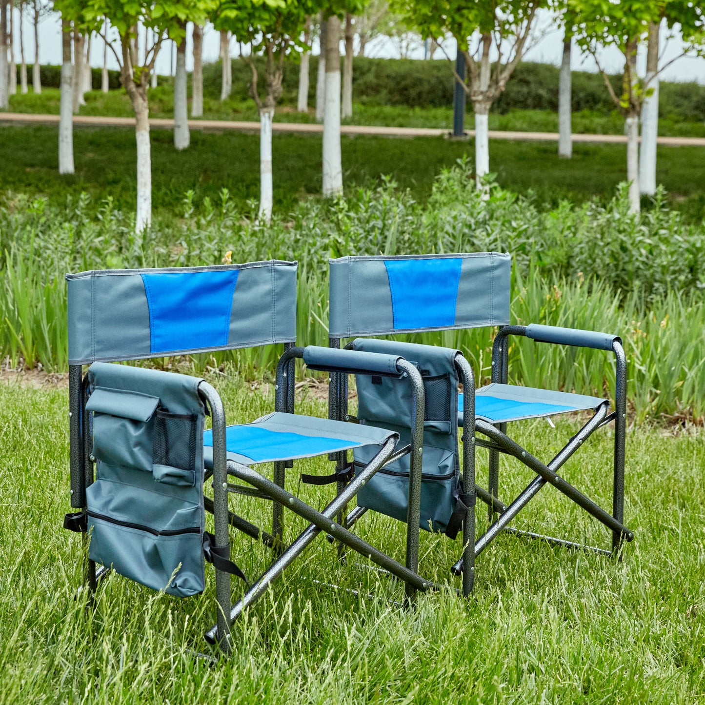 2-piece Padded Folding Outdoor Chair with Storage Pockets,Lightweight Oversized Directors Chair for indoor, Outdoor Camping, Picnics and Fishing,Blue/Grey