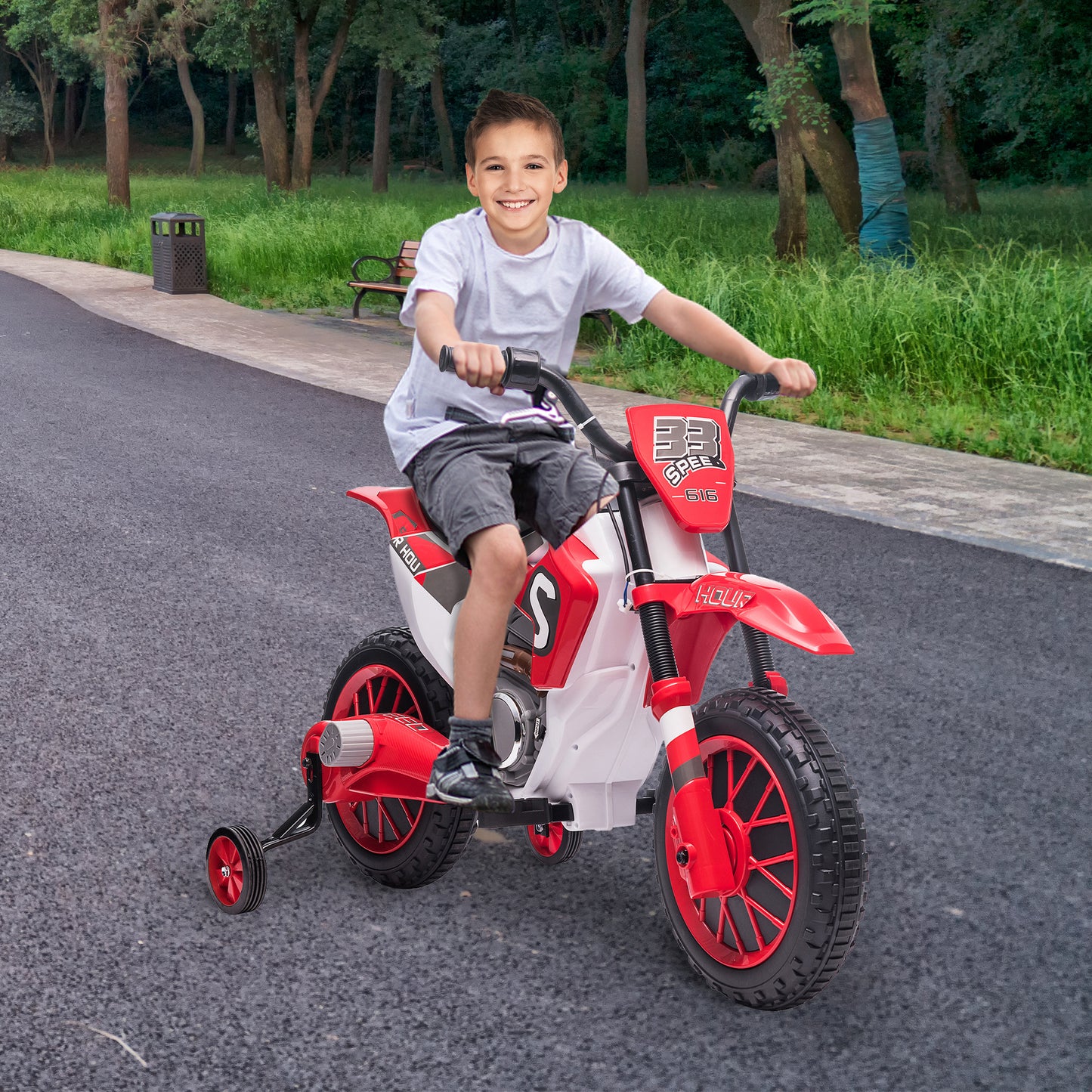 12V Kids Ride on Toy Motorcycle, Electric Motor Toy Bike with Training Wheels for Kids 3-6, Red