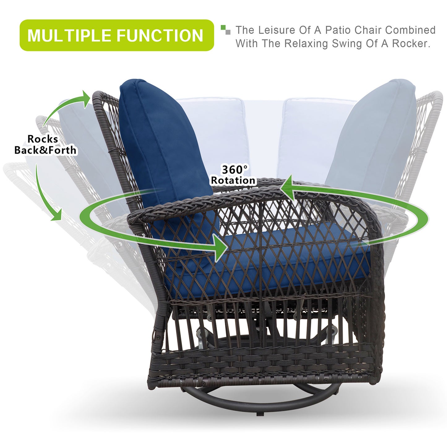 360-Degree Patio Wicker Swivel Rocker Chairs Set;  Outdoor Rattan Rocking Bistro Sets with Cushions and Table; Dark Brown