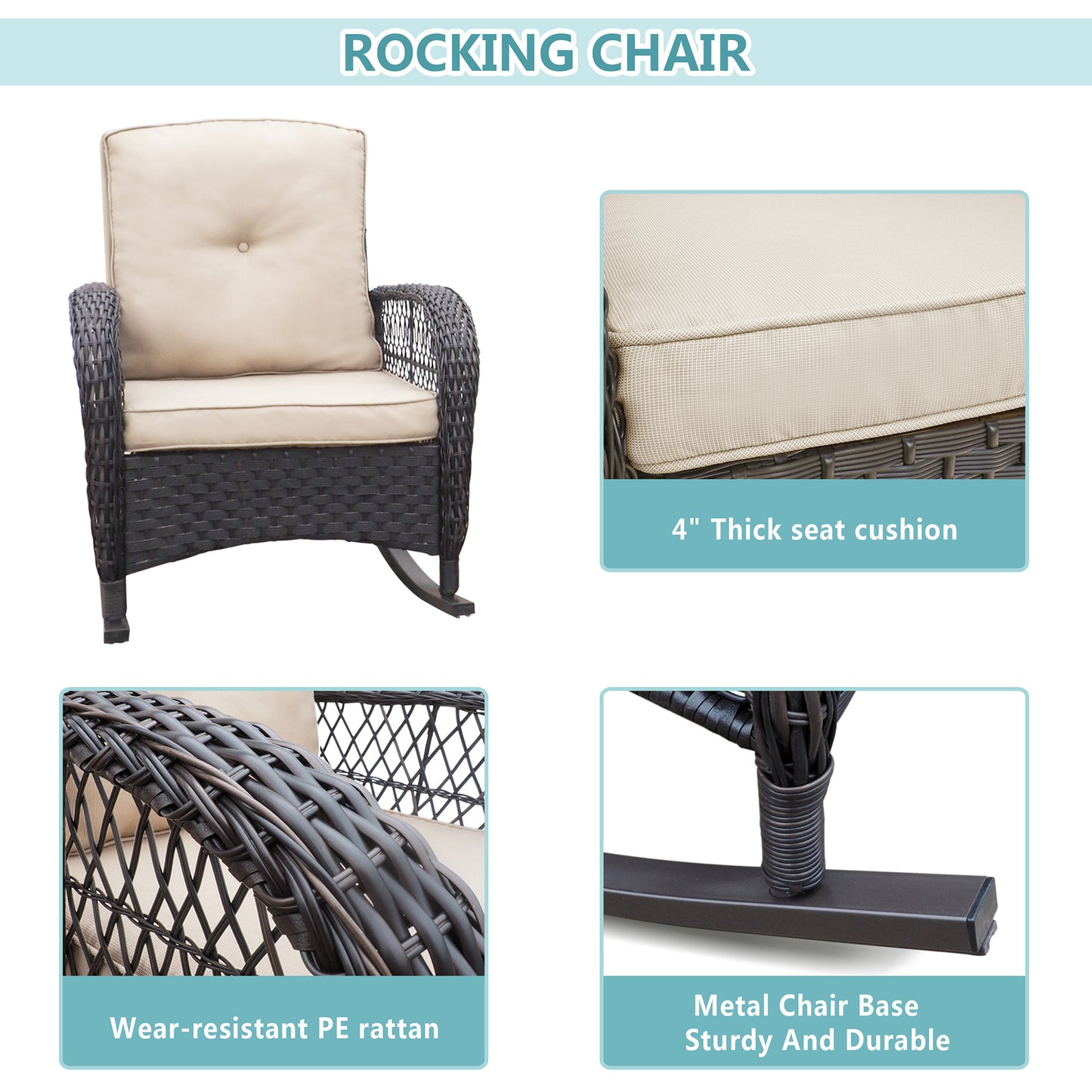 Outdoor Wicker Rocking Chair; Patio Rattan Rocker Chair with Soft Cushions and Steel Frame