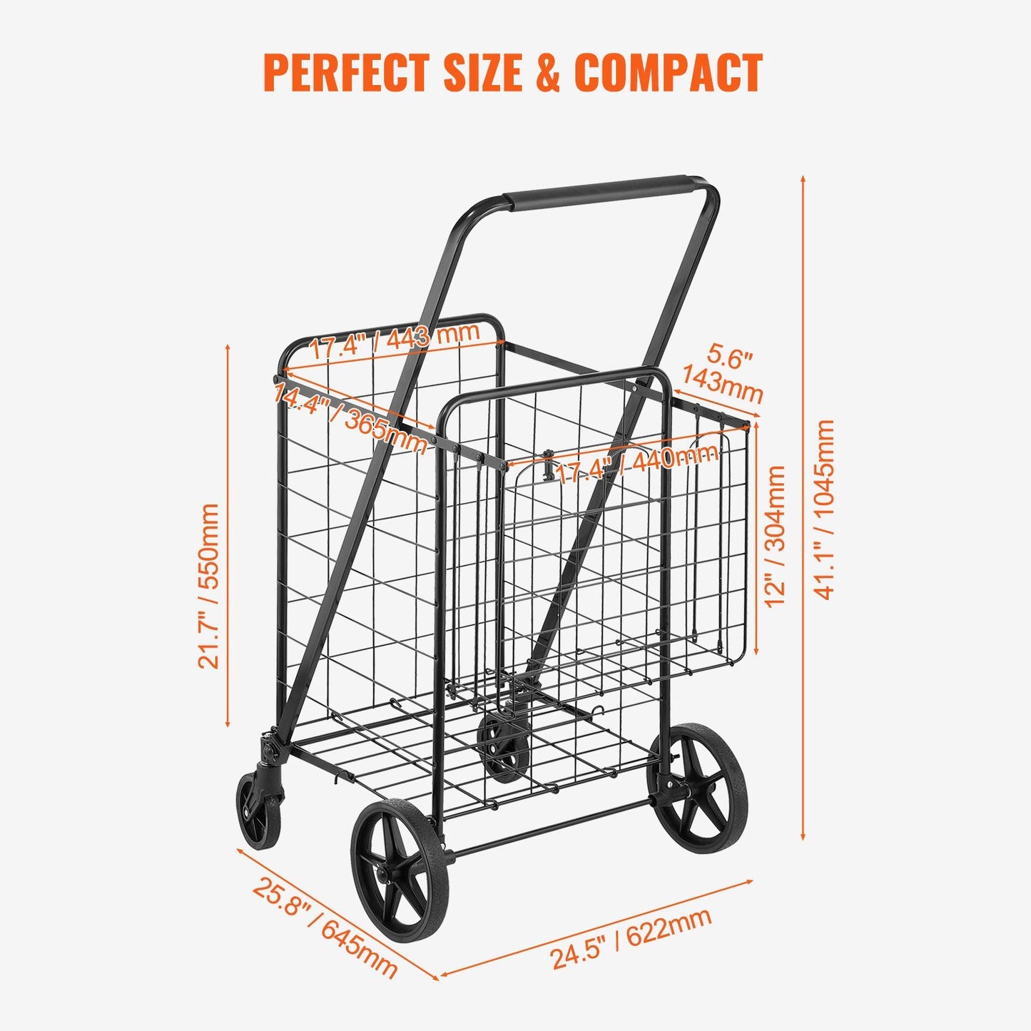 Folding Shopping Cart, Jumbo Grocery Cart with Double Baskets