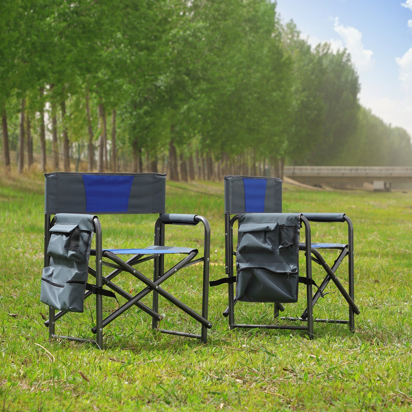 2-piece Padded Folding Outdoor Chair with Storage Pockets,Lightweight Oversized Directors Chair for indoor, Outdoor Camping, Picnics and Fishing,Blue/Grey