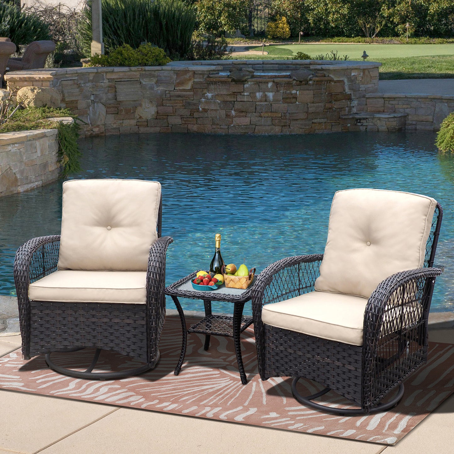 360-Degree Patio Wicker Swivel Rocker Chairs Set;  Outdoor Rattan Rocking Bistro Sets with Cushions and Table; Dark Brown