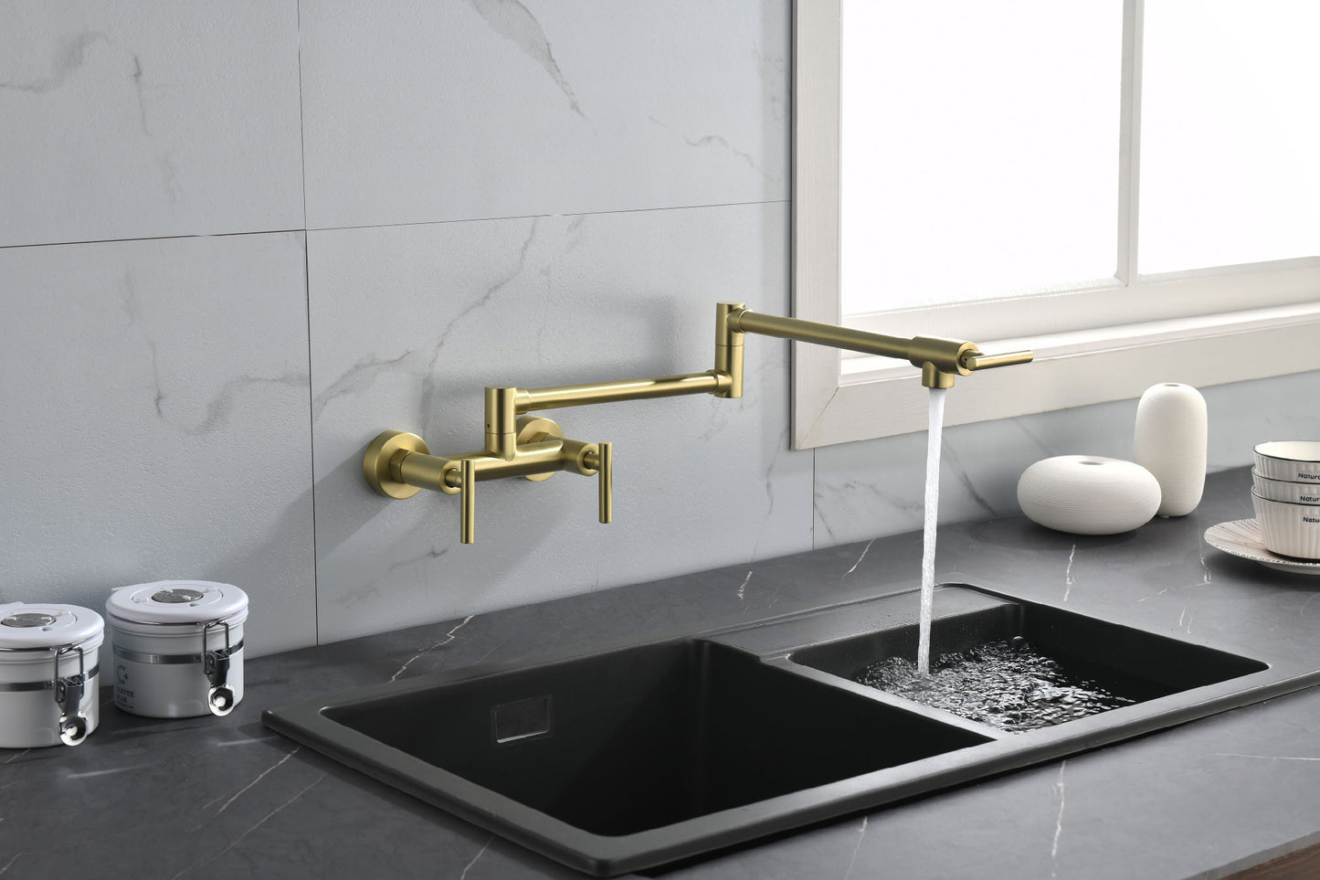 Pot Filler Faucets Both Hot Cold Water Wall Faucet Brass Faucets Kitchen Folding Kitchen Faucets Commercial Sink Faucet 3 Handles 2 Holes Joint Swing Arm Faucets