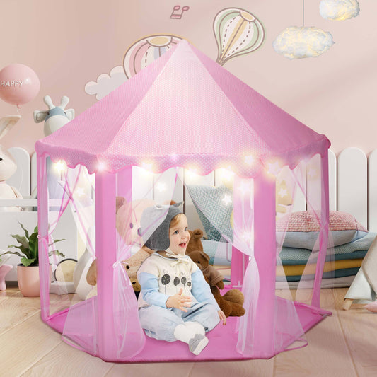 53"H Princess Castle Play Tent House with LED Star Lights for Kids, Indoor and Outdoor, Pink