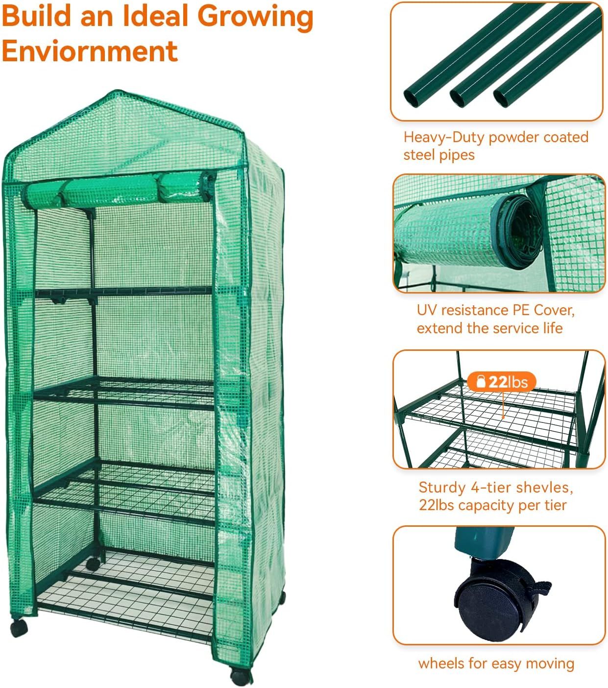 Mini Greenhouse,4 Tier Small Portable Greenhouses Kit with Caster Wheels