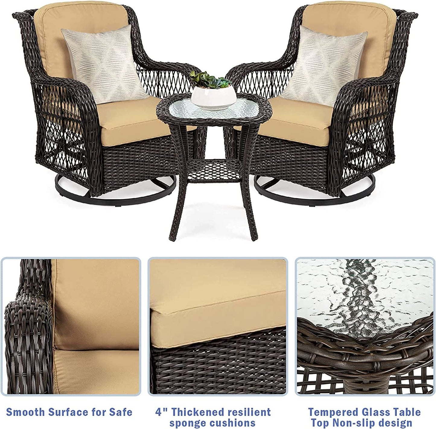 Outdoor Bistro Set 3 Pieces;  Outdoor Resin Wicker Swivel Rocker Patio Chair