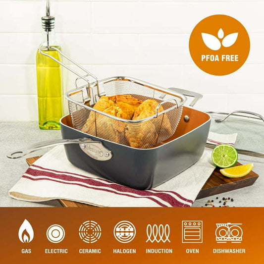 6 Quart XL Nonstick Copper Deep Square All in One 6 Qt Casserole Chef's Pan & Stock Pot- 4 Piece Set, Includes Frying Basket and Steamer Tray, Dishwasher Safe