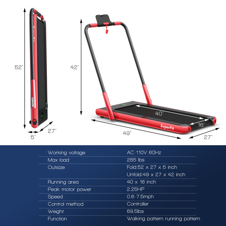 2.25 HP 2-in-1 Folding Walking Pad Treadmill with Remote Control and LED Display