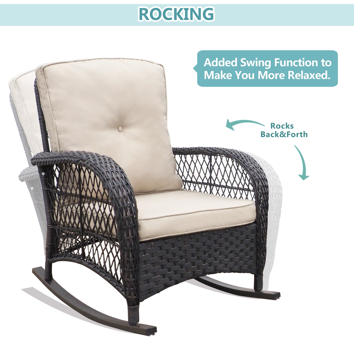 Outdoor Wicker Rocking Chair; Patio Rattan Rocker Chair with Soft Cushions and Steel Frame