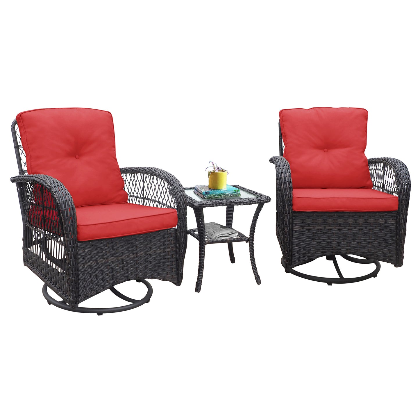 360-Degree Patio Wicker Swivel Rocker Chairs Set;  Outdoor Rattan Rocking Bistro Sets with Cushions and Table; Dark Brown