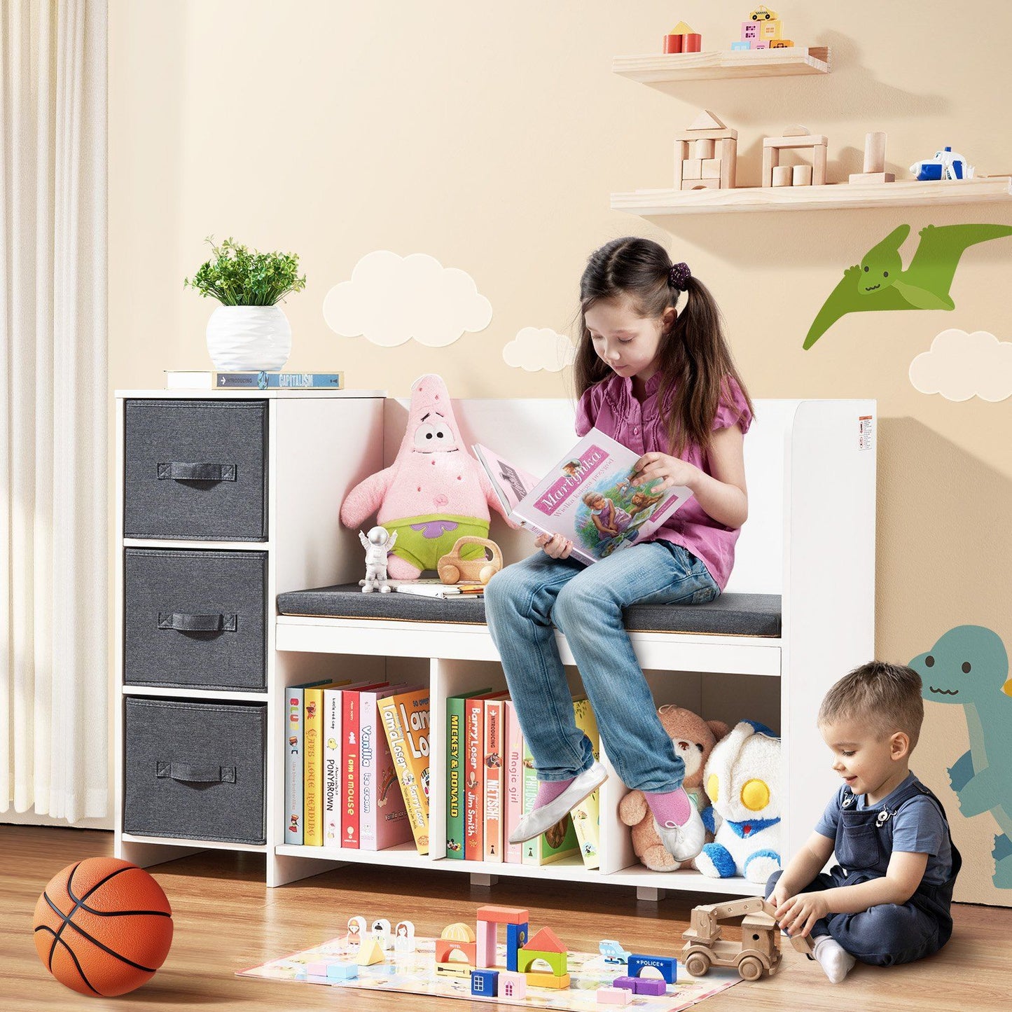 Kids Reading Nook Bench, Toddler Bookshelf and Bookcase with Detachable Seat Cushion