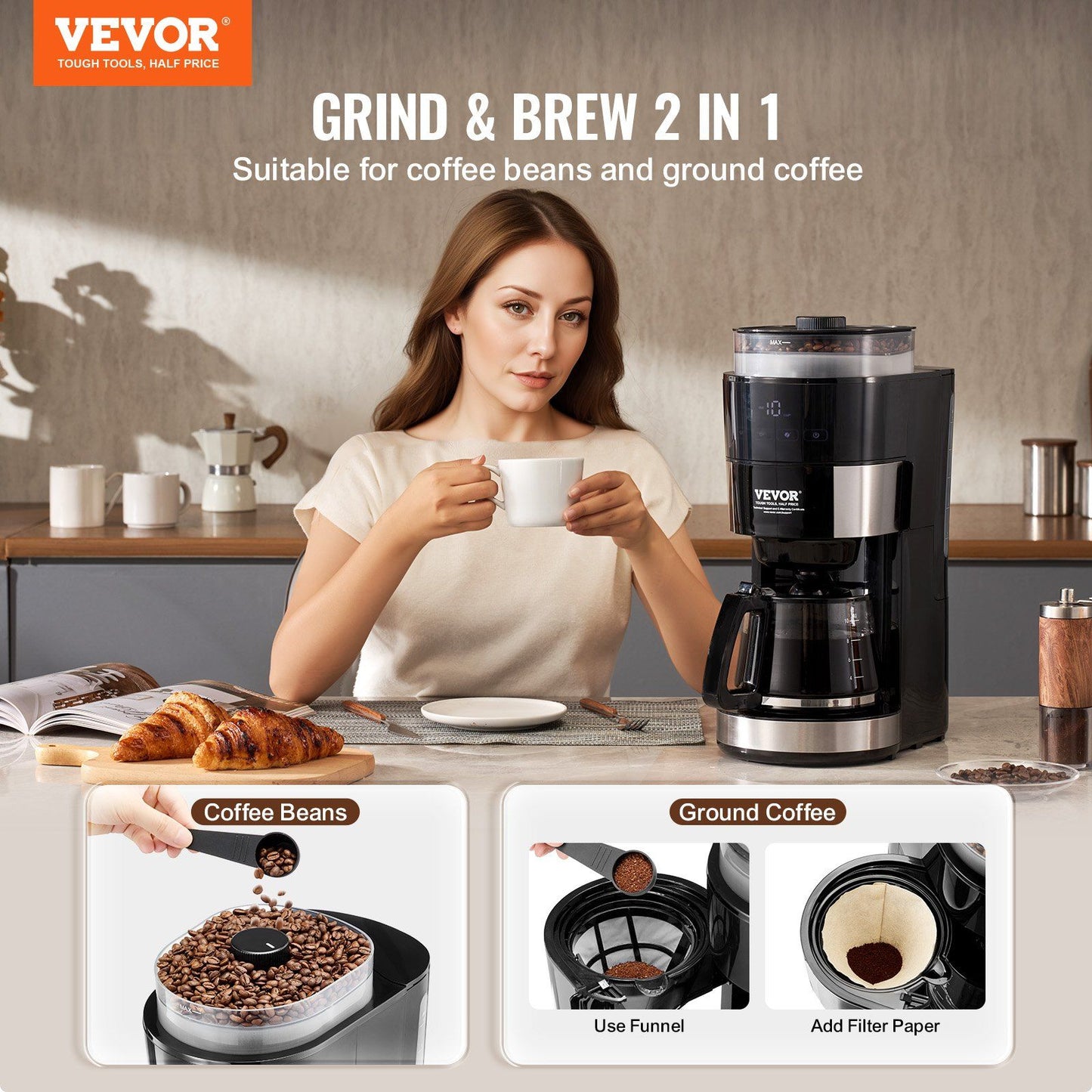 10-Cup Coffee Maker Drip Coffee Machine with 3 Brew Strength Control