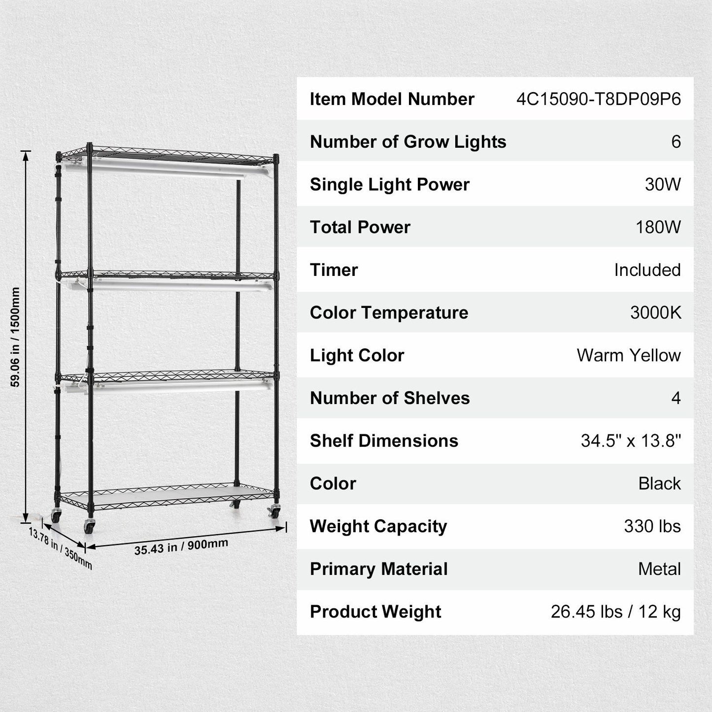 Plant Stand with Grow Lights 4 Tiers 180W 59.1" Tall Plant Grow Shelf